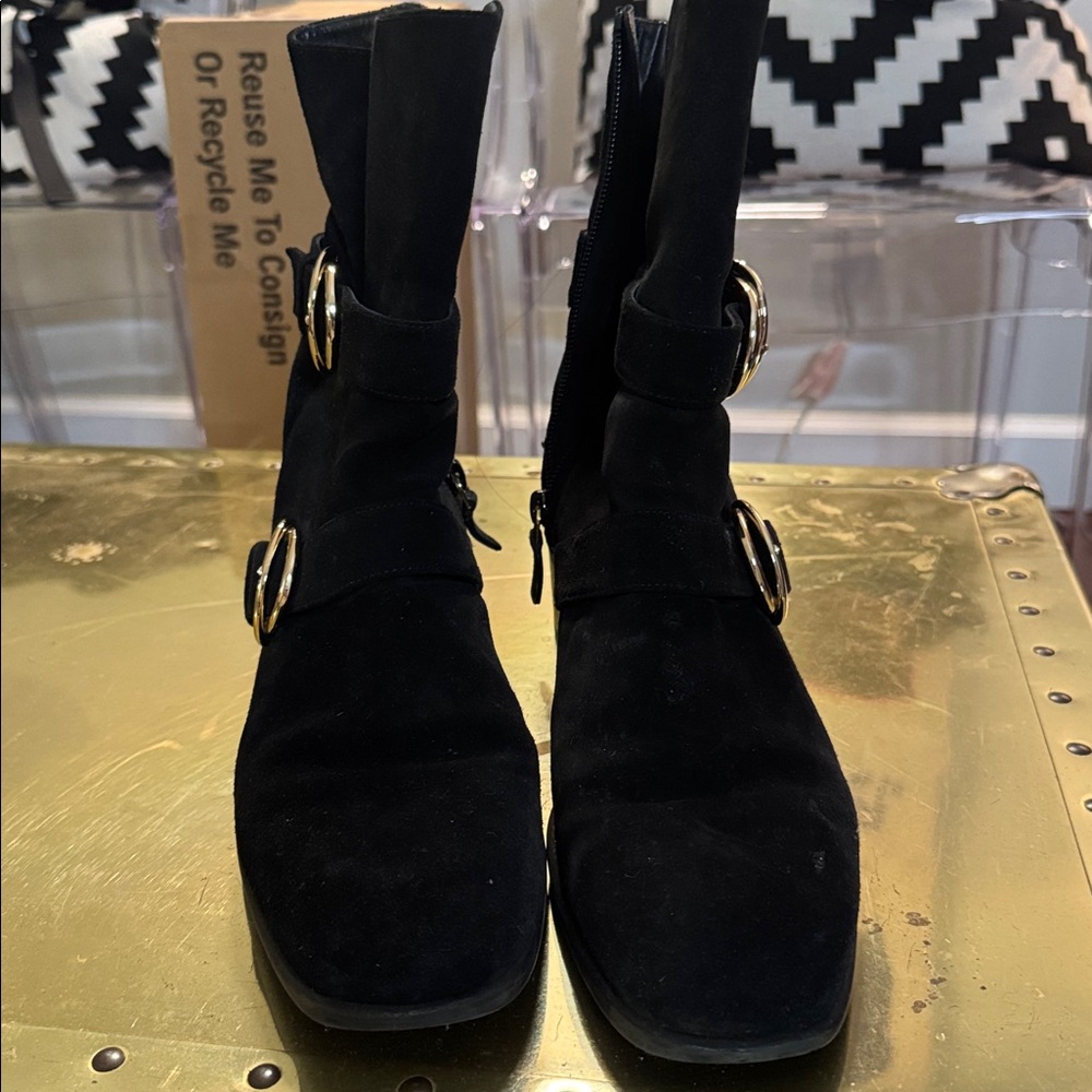 Stuart Weitzman Britain Suede Boots Black and Gold - Picture 8 of 11